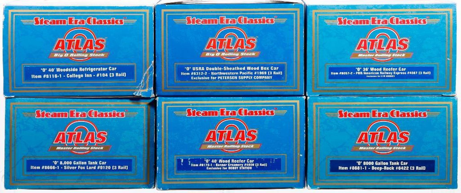 (6) Atlas O Gauge Steam Era Classics Freight Cars: (6) Atlas Steam Era Classics O Gauge Freight Cars 8057-2 36 Foot Wood Reefer Car PRR/American Railway Express #4087 8116-1 40 Foot Woodside Refrigerator Car College Inn #104 8175-1 40 Foot Wood Reefer