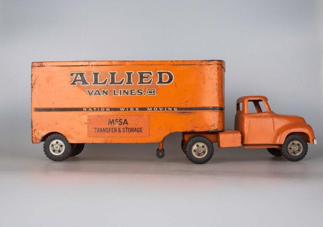 Tonka Allied Van Lines Tractor Trailer: Tonka steel tractor trailer. Allied Van Lines/ MFSA Transfer & Storage. Well used. Some paint loss in wear areas, Dusty.