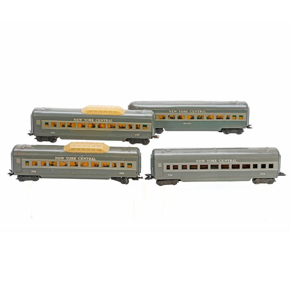 Marx O Gauge Postwar NYC Passenger Cars: Marx O Gauge Postwar New York Central Passenger Cars 234 Lighted Vista Dome with sheet metal tilt couplers. Window strips present but a little pushed in. Paint worn from use. 234 Lighted Vista D