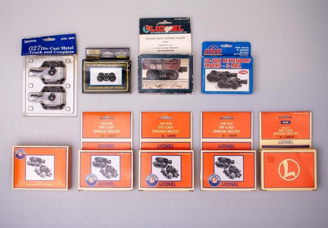 Modern Era O Gauge Truck Upgrade Kits. Lionel, & others: 6-12843 Lionel O Gauge Die Cast Metal Sprung Truck kit. Two trucks in original package Quantity (5) 6-14078 Lionel O Gauge One Pair Die-Cast Sprung Truck Kit. In original package. Industrial Rail O Ga