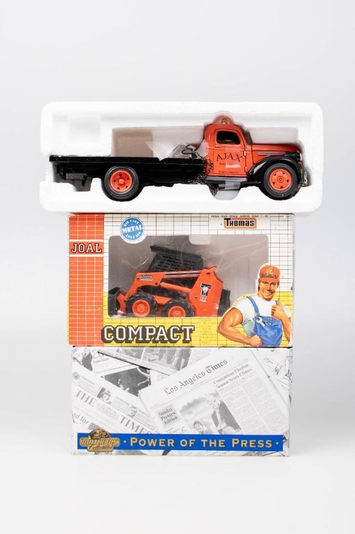 Toy Vehicles: Toy Vehicles Matchbox Models of Yesteryear. Power of the Press. 1932 Ford AA Truck - "The LA Times" with box JOAL Compact 1:32 Compact Loader in box 1941 AJAX Chevy Flatbed Truck in box Die Cast Flatb