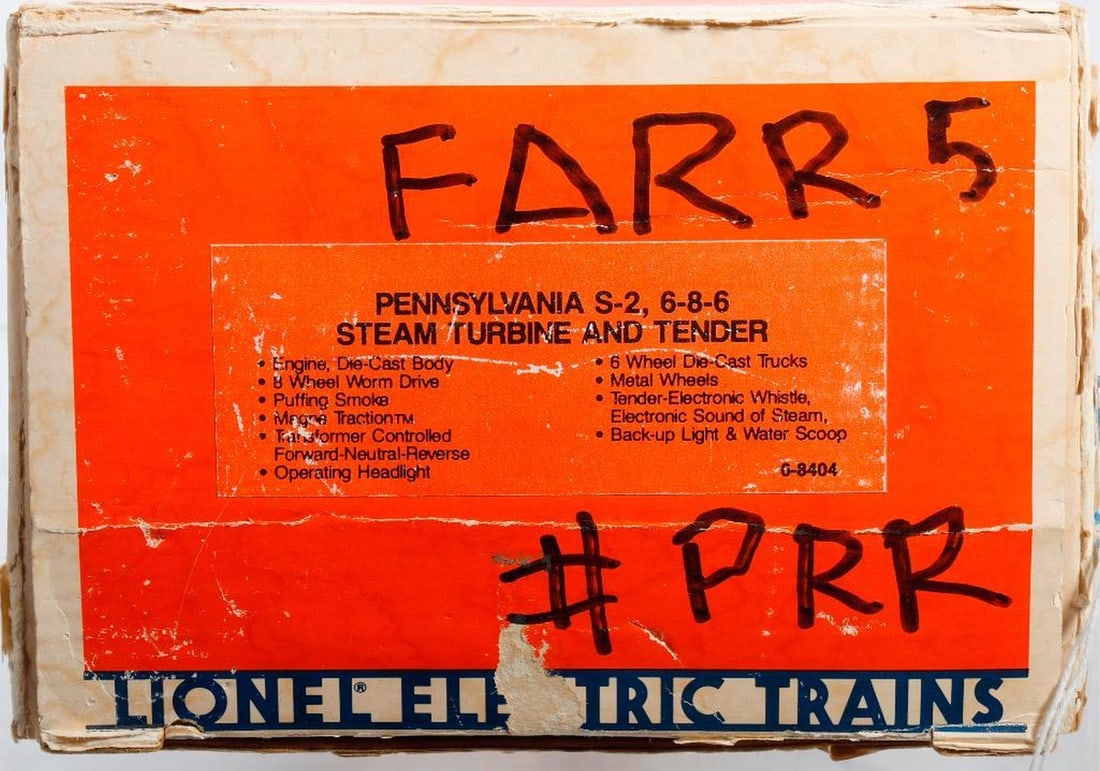 Lionel O Gauge Modern Era 6-8404 FARR PRR Turbine Loco: Lionel O Gauge Modern Era 6-8404 Pennsylvania Steam Turbine Locomotive in very worn original box.