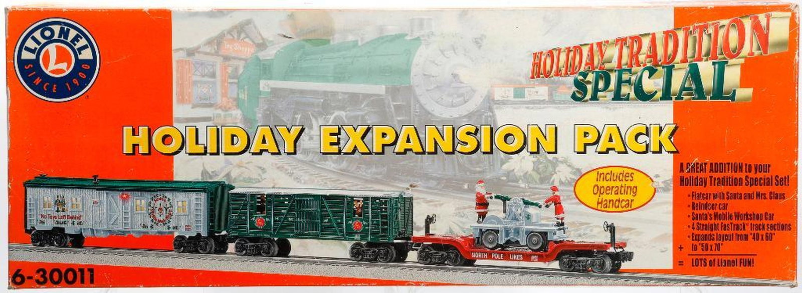 Lionel O Gauge Modern Era 6-29608 Holiday Expansion Pack: Lionel O Gauge 6-30011 Holiday Expansion Pack 6-26843 Christmas Flatcar w/Handcar in original packaging 6-26844 Reindeer Transport Car in original packaging 6-29608 Elf Transport Work Car in original