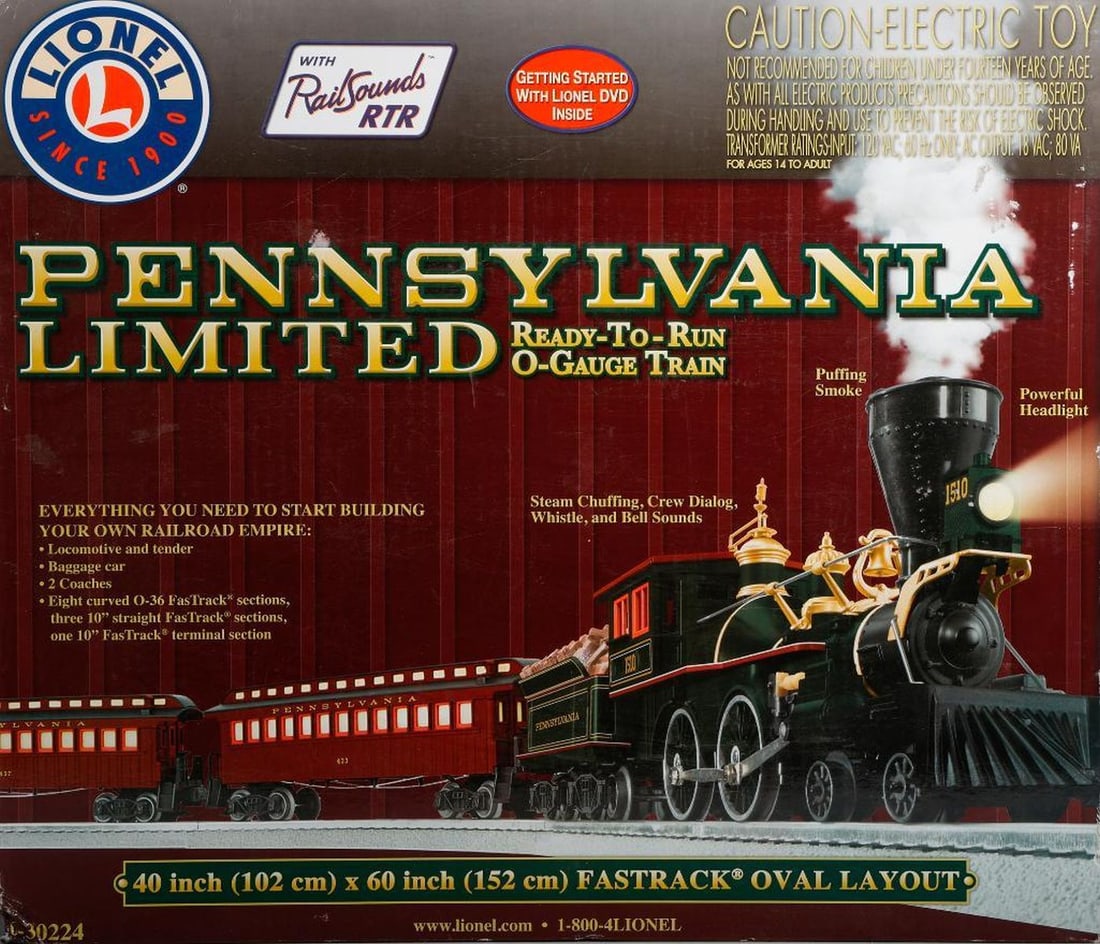 Lionel O Gauge Modern Era 6-30224 Pennsylvania Limited Set: Lionel O Gauge Modern Era 6-30224 Pennsylvania Limited Set in shelf worn original packaging. Missing transformer and DVD.
