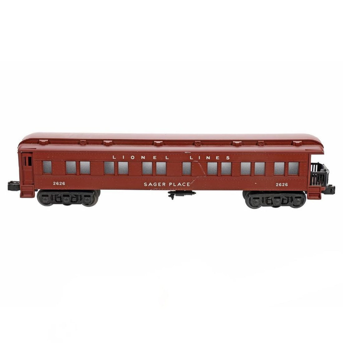 Lionel O Gauge Sager Place "Madison" Heavyweight Passenger Car: Lionel O gauge "Lionel Lines" 2626 "Sager Place" Heavyweight Observation Passenger Car. Paint scrape one side. Trucks and couplers intact. No box