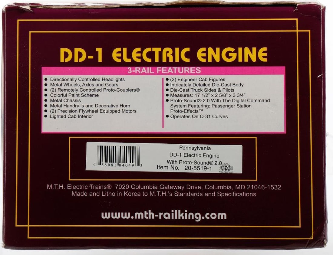 MTH O Gauge PRR DD-1 Electric Engine: MTH O Gauge 20-5519-1 Pennsylvania DD-1 Electric Engine With Proto-Sound 2.0 In original packaging.