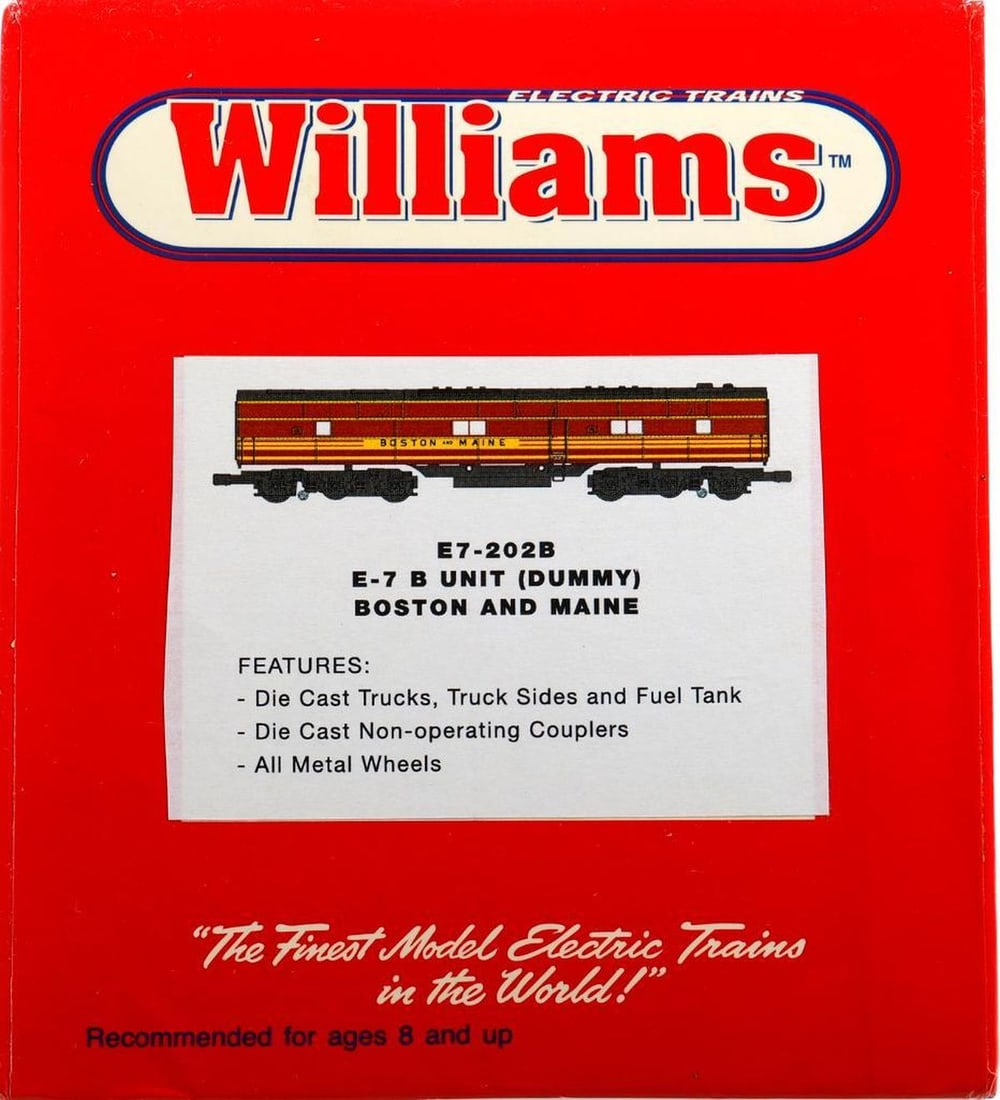 Williams O Gauge Boston & Maine E7 B Diesel Loco: Williams O Gauge Boston & Maine E-7B Dummy Diesel Locomotive in original packaging with corrugated shipping box.