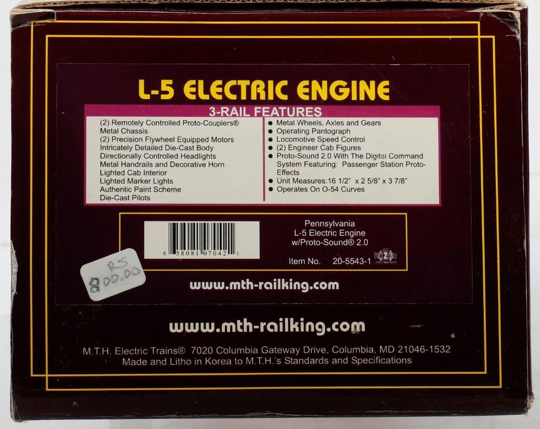 MTH O Gauge Pennsylvania L-5 Electric Engine: MTH O Gauge 20-5543-1 Pennsylvania Railroad L-5 Electric Engine w/Proto-Sound 2.0 in original packaging.