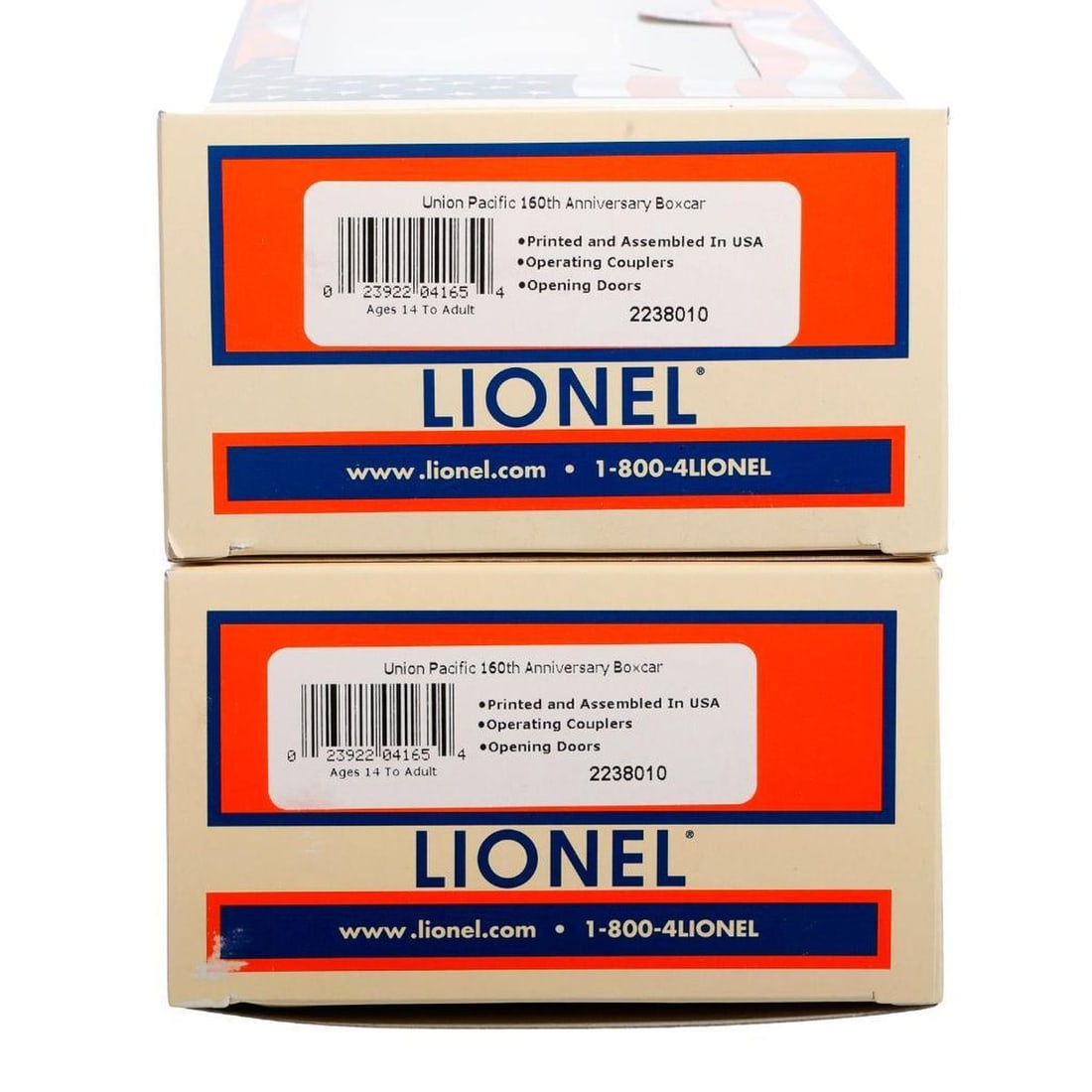 (2) Lionel O Ga Mod Era Union Pacific 160th Anniv Boxcar: (2) Lionel O Gauge Modern Era 2238010 Union Pacific 160th Anniversary Boxcars in original packaging. They have different graphics on each side so with two you can run them in opposition and have it lo