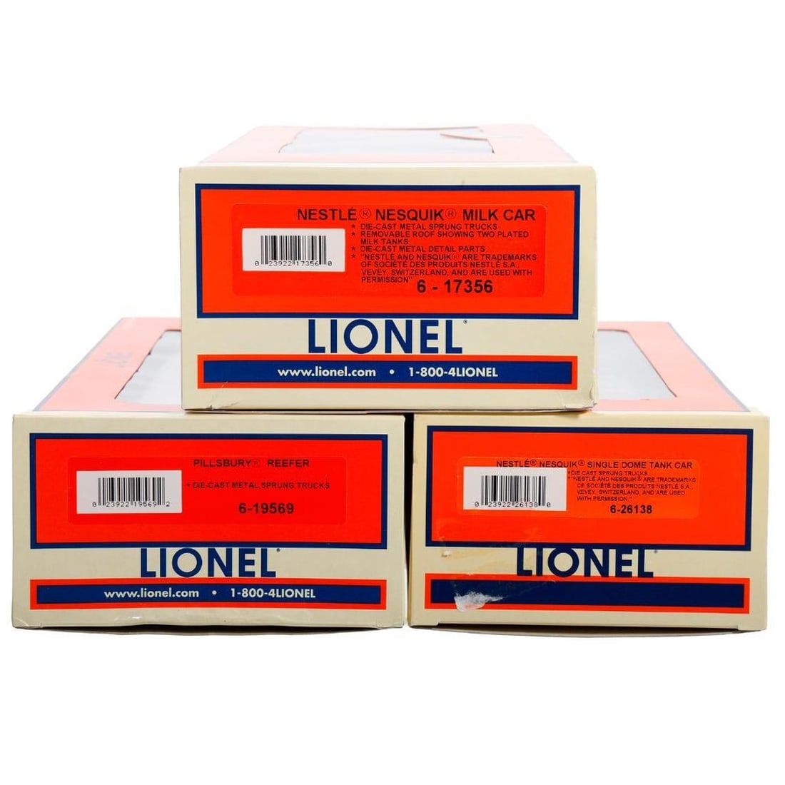 (3) Lionel O Gauge Modern Era Food Freight Cars: (3) Lionel O Gauge Modern Era Food Oriented Freight Cars 6-17356 Nestle Nesquik Milk Car 6-26138 Nestle Nesquik Single Dome Tank Car 6-19569 Pillsbury Reefer All in original packaging.