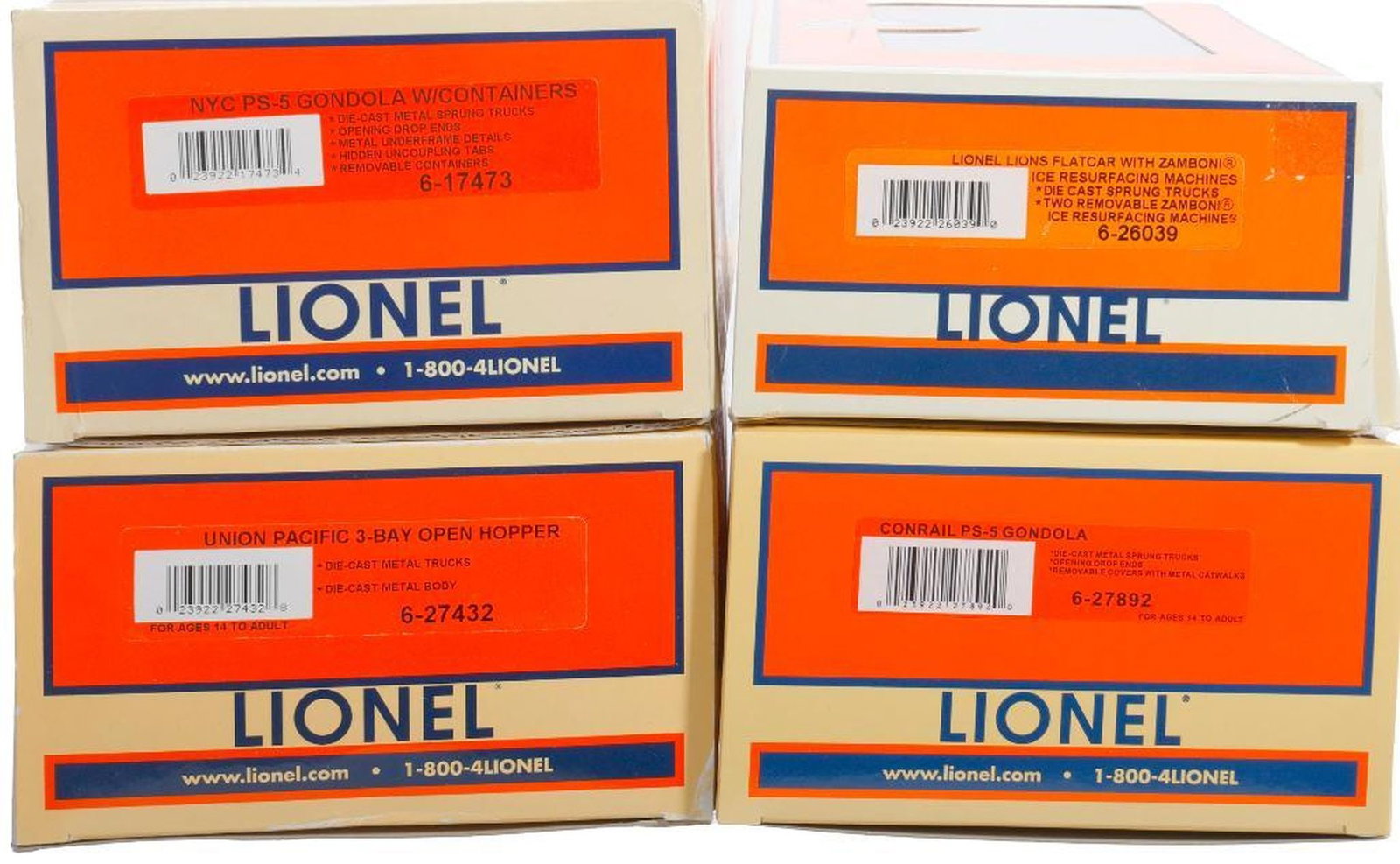 (5) Lionel O Gauge Modern Era Freight Cars: (5) Lionel O Gauge Modern Era Freight Cars 6-26039 Lion Lines Flatcar with Zamboni Ice Resurfacing Machines 6-17473 NYC PS-5 Gondola W/Containers 6-27432 Union Pacific 3-Bay Open Hopper 6-27892 Conrai
