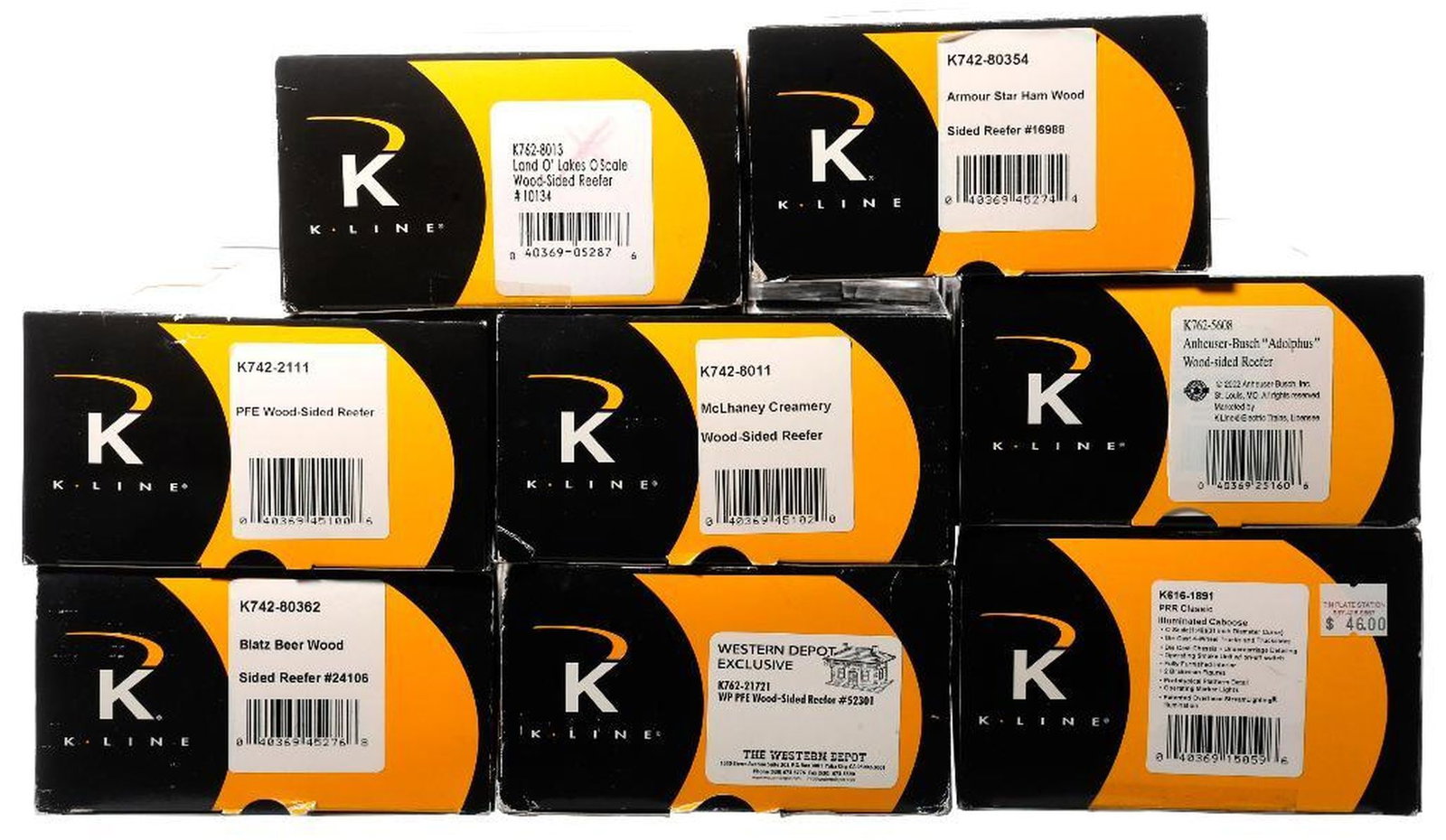 (8) K-Line O Gauge Freight Cars: (8) K-Line O Gauge Freight Cars K616-1891 PRR Classic Illuminated Caboose K742-2111 PFE Wood-Sided Reefer K742-8011 McLhaney Creamery Wood-Sided Reefer K742-80354 Armour Star Ham Wood Sided Reefer #16