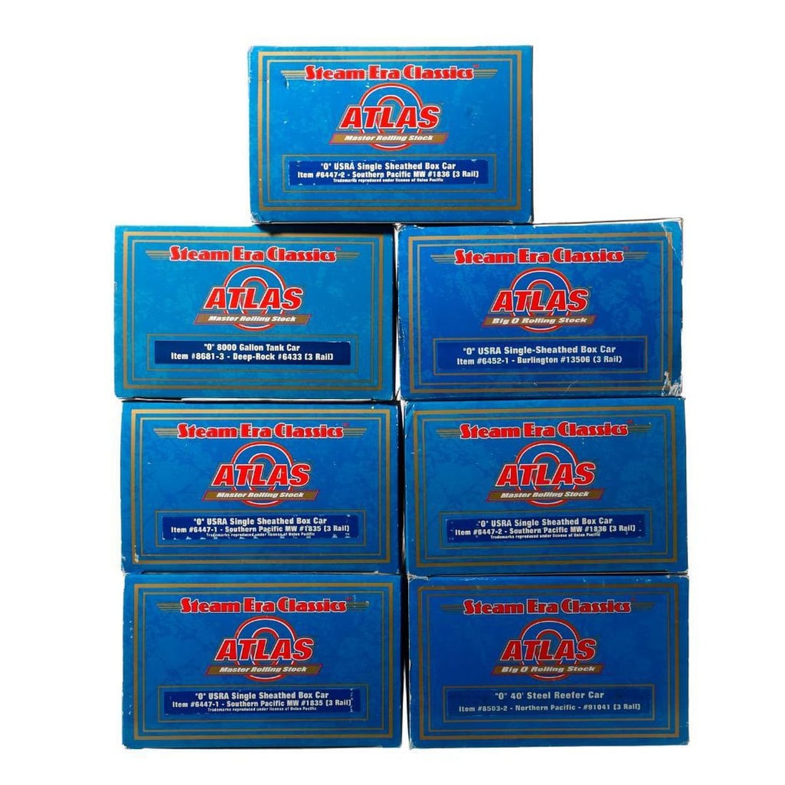 (7) Atlas O Gauge Steam Era Classics Freight Cars: (7) Atlas O Gauge Steam Era Classics Freight Cars (2) 6447-1 USRA Single Sheathed Box Car - Southern Pacific MW #1835 (2) 6447-2 USRA Single Sheathed Box Car - Southern Pacific MW #1836 6452-1 USRA Si