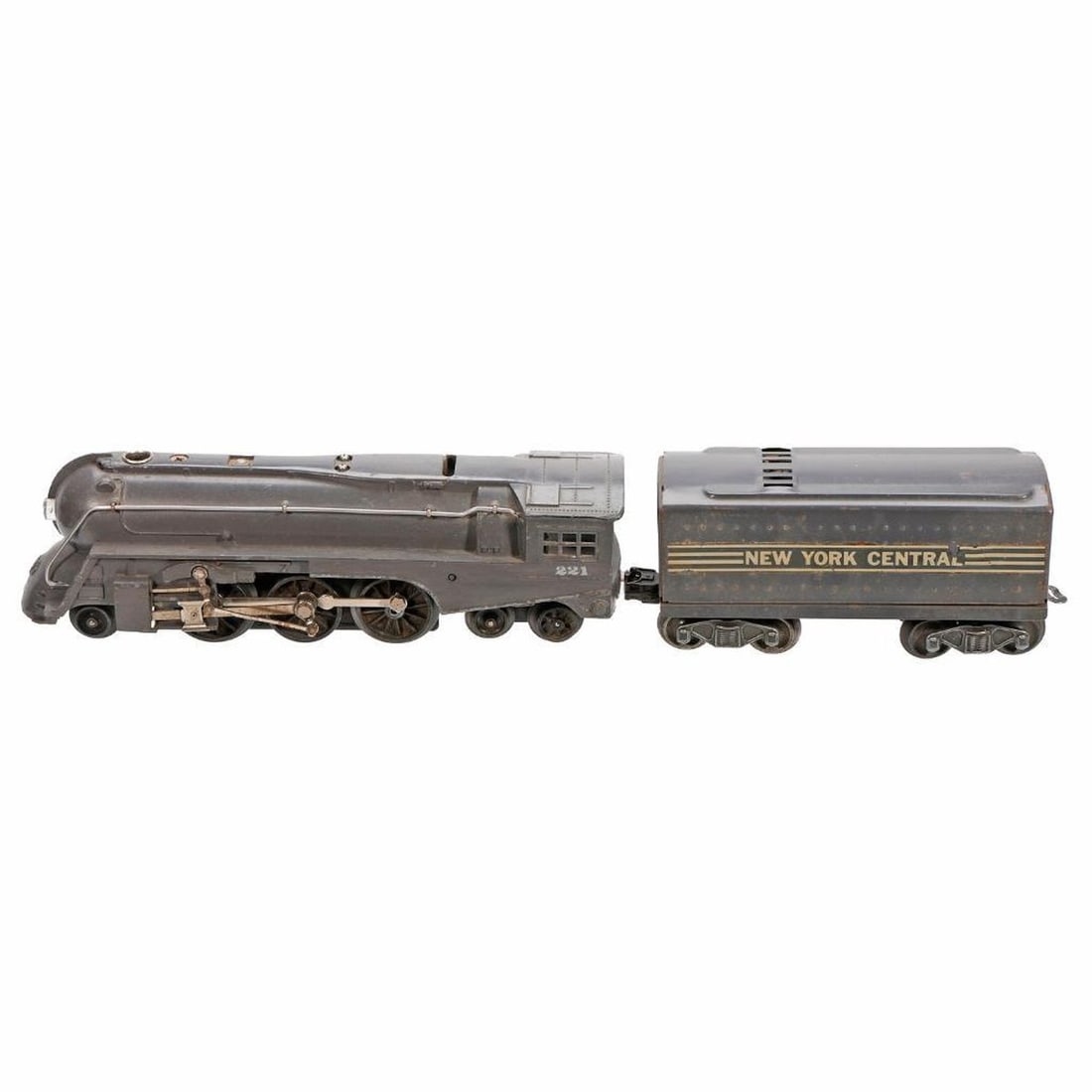 Lionel O Ga Postwar NYC 221 Loco & 221W Tender: Lionel O Gauge Postwar 221 New York Central 2-6-4 Gray Locomotive and 221W Tender. Wear from use.