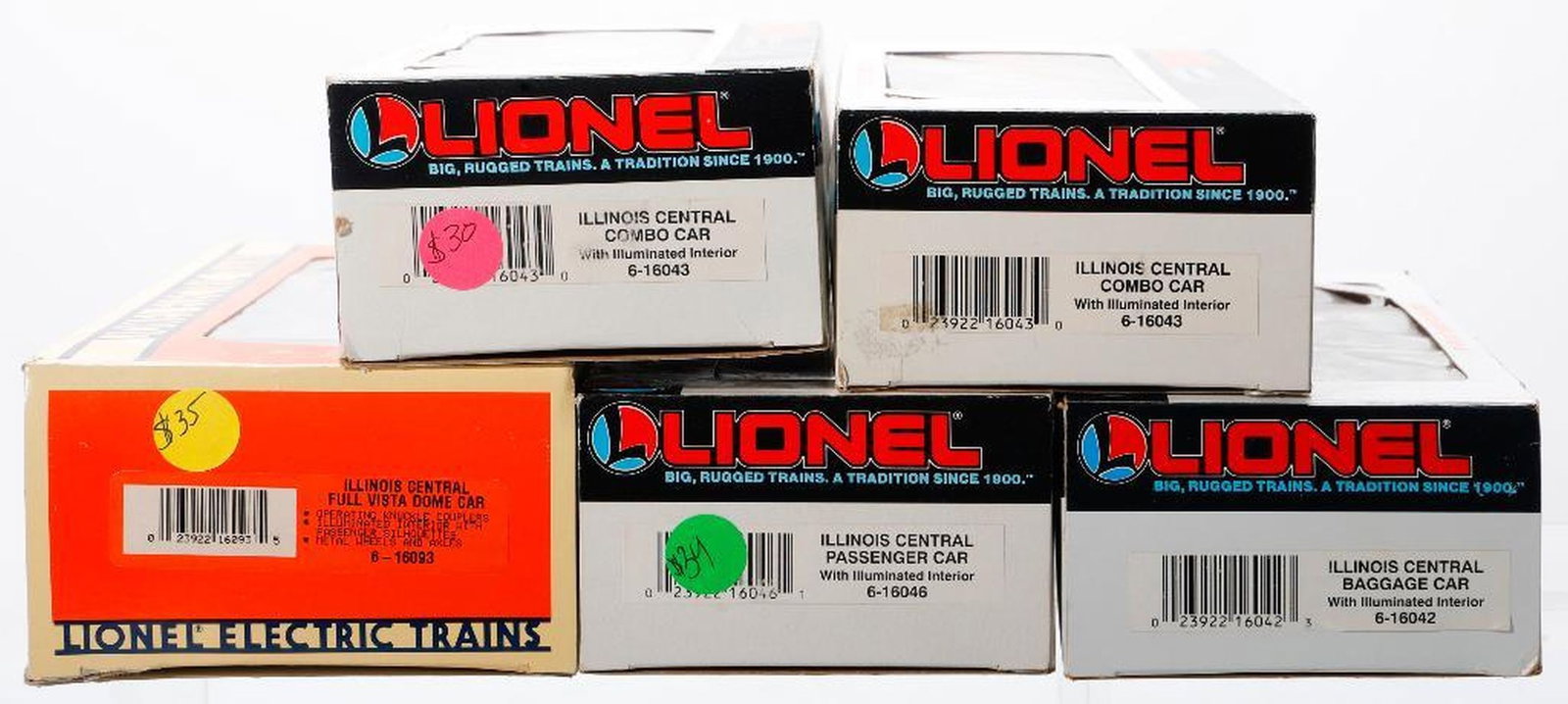 (5) Lionel O Ga Modern Era IC Passenger Cars: (5) Lionel O Gauge Modern Era Illinois Central Passenger Cars (2) 6-16043 Illinois Central Combo Car with Illuminated Interior 6-16042 Illinois Central Baggage Car with Illuminated Interior 6-16046