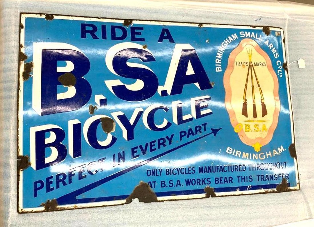 Vintage BSA Bicycle Advertising Enamel Sign: Circa 1930, the sky blue enameled rectangular sign reading "Ride A" "B.S.A. BICYCLE" in black and white lettering with the BSA logo to bottom right corner. Dimensions: 28" x 44" (71.1 x 111.8 cm) Over