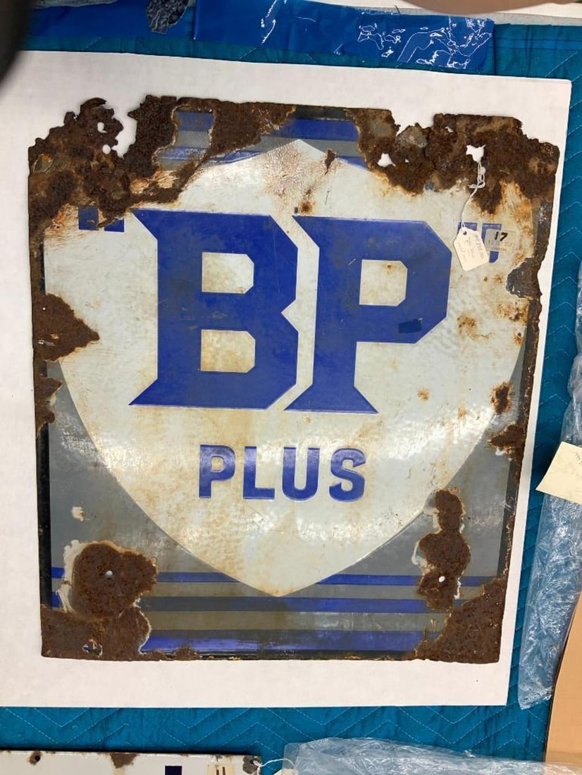 advertising sign: "BP Plus": enameled metal sign. Date: c. 1930; Medium: metal, enamel; Dimensions: 24 x 21 inches (61 x 53.3 cm) Overall fair condition, Some enamel loss and rust to the front and corrosion allover to back. There