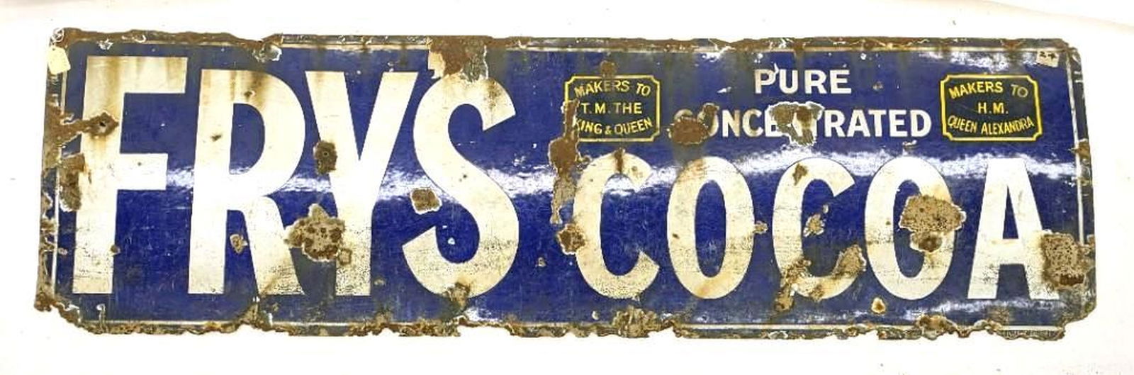 Frys Cocoa Advertising Sign: enameled metal sign. Date: c. 1930; Medium: metal, enamel; Dimensions: 18 x 60 1/2 inches (45.7 x 153.7 cm) Overall fair condition. Misshapen overall with extensive wear, corrosion, scratches, loss at