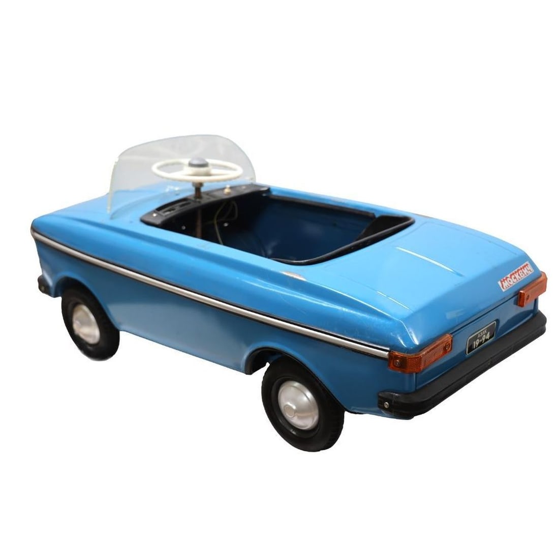 Russian Pedal Car: Circa 1950, the child's pedal car in the style of a Chrysler production car, finished in blue, two seater with electric lights, horn etc. Marked "Moscow" in Cyrillic script. Dimensions: 22" x 19" x 44