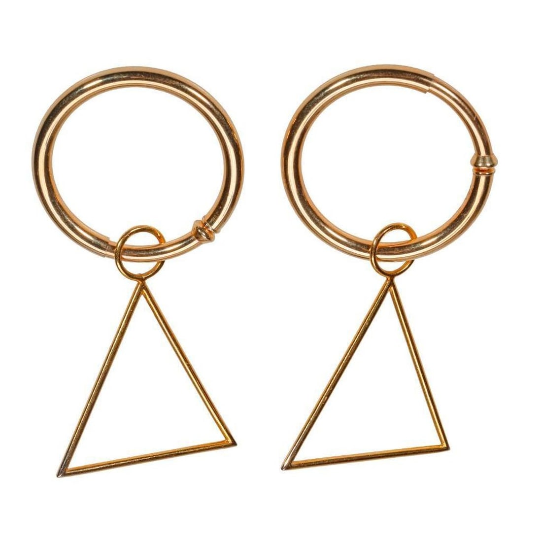 Pair of 14k gold earrings: the friction hoops suspending triangular pendants; weighing approximately 6.0 grams; length: 2 1/2 in. PLEASE NOTE: For combined purchases over $500, Turner Auctions will not accept credit cards 