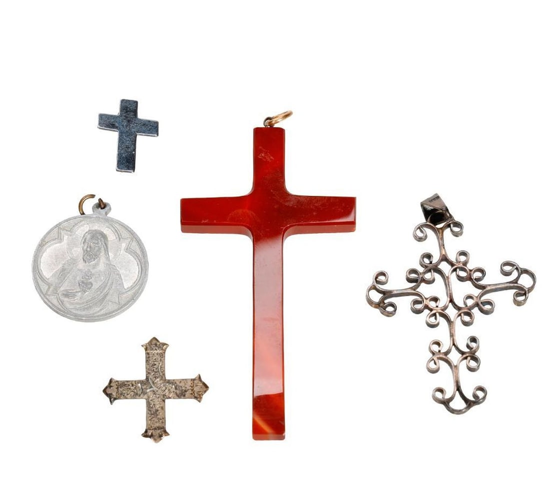A Carnelian Cross with Other Devotional Pendants/Pins (6) (1 of 2)