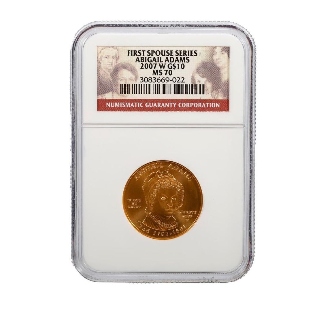 US Mint First Spouse Series Gold Unc Coin: Abgail Adams 1/2 oz .999 gold $10 coin, NGC MS70, presented in wood box. PLEASE NOTE: For combined purchases over $500, Turner Auctions will not accept credit cards on gold, or jewelry. Payment must b