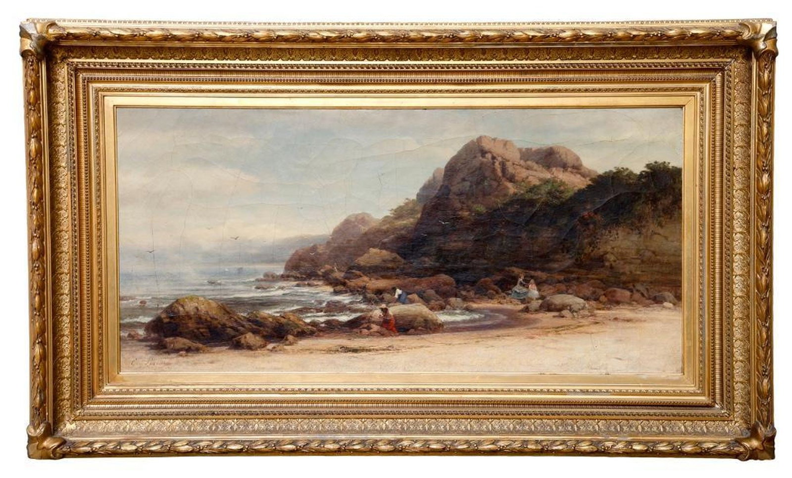 Carl von Perbandt (1832-1911), Painting: Artist: Carl von Perbandt (1832-1911). Title/Description: Coastal seascape, two women at the shoreline, and mother and child seated on the rocks. Signature: Signed lower right, C.' v Perbandt. Medium: