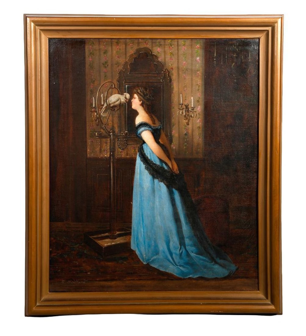 European School (Late 19th Century): Artist: European School (Late 19th Century). Title/Description: Lady in blue with white cockatoo. Signature: Signed lower left, R. Hoixand(?). Medium: Oil on canvas. Size: 18 1/4" x 15 1/2" (frame 21 