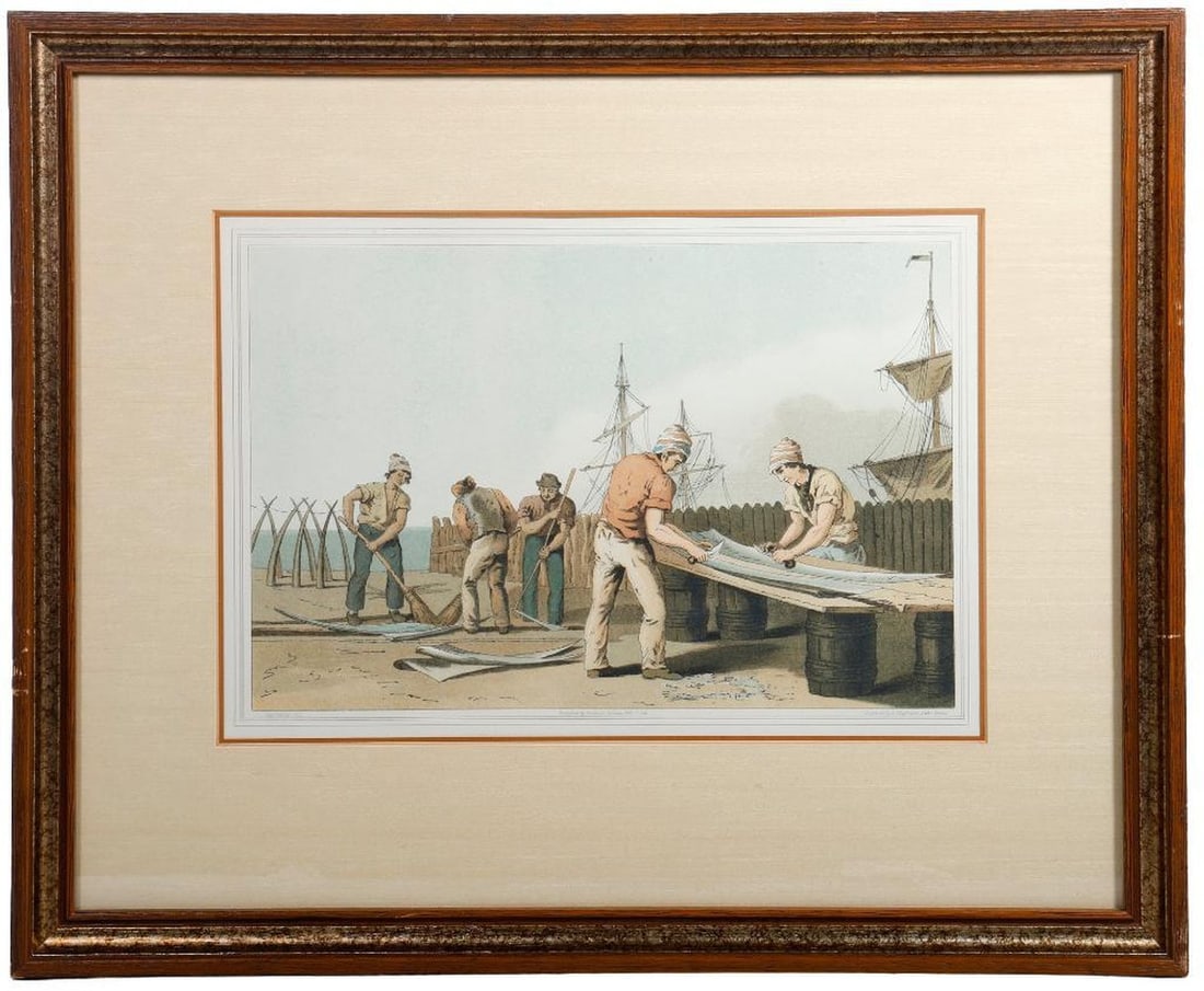 After George Walker, Scenic Prints (8): A later decorative set of eight color print multiples after etchings by George Walker, engraved by E. Kaufman, originally published by Richard Jackson in 1886. Depicting scenes of English trades and r