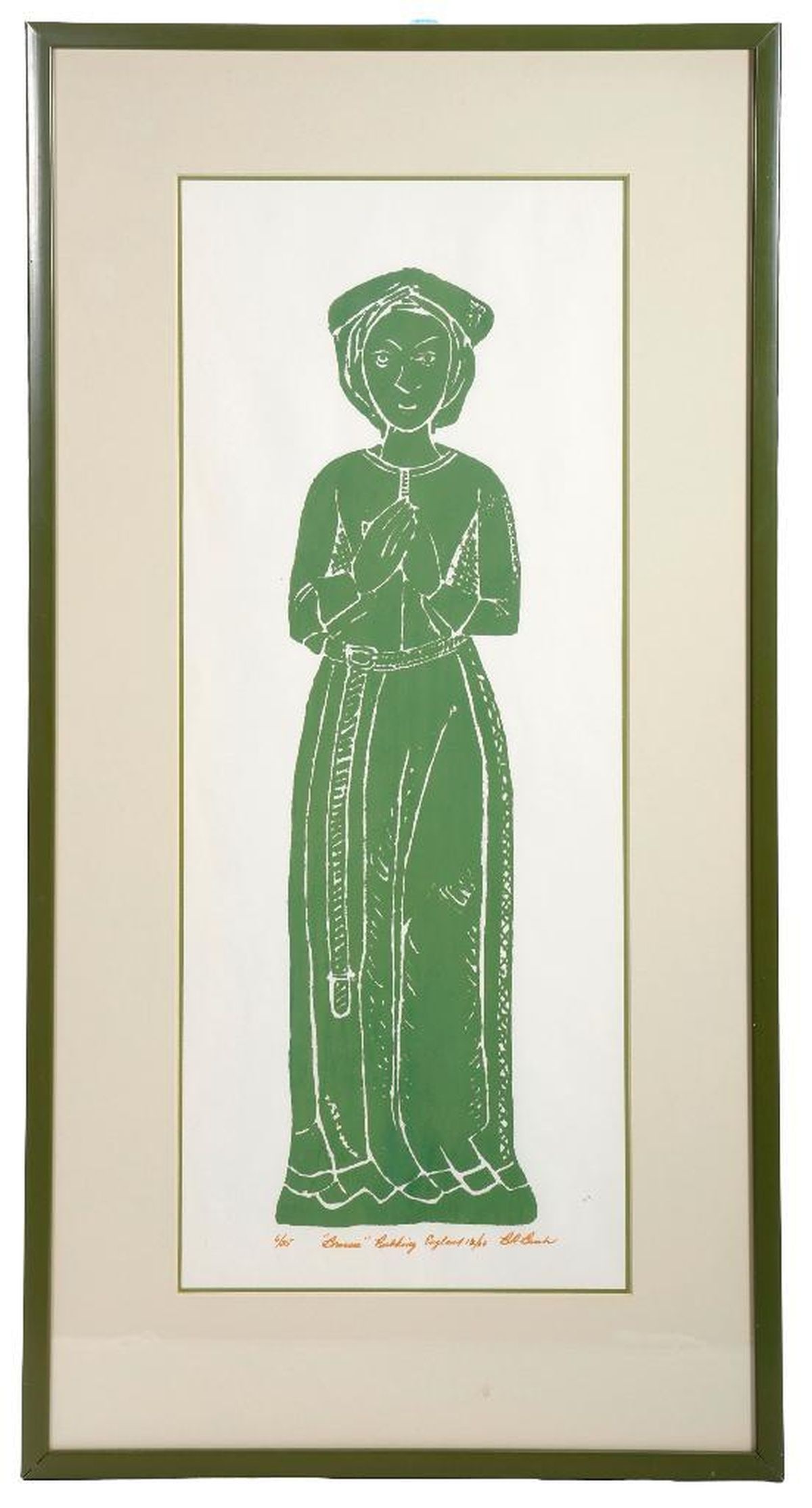 Vintage English Rubbing of a Medieval Lady: Artist: B. R. Busch (20th Century). Title/Description: "Brasses" Rubbing, England (a medieval lady). Signature: lower right. Date: 1966. Edition: 6/35. Medium: brass rubbing print. Size: 21 1/4" x 8 1