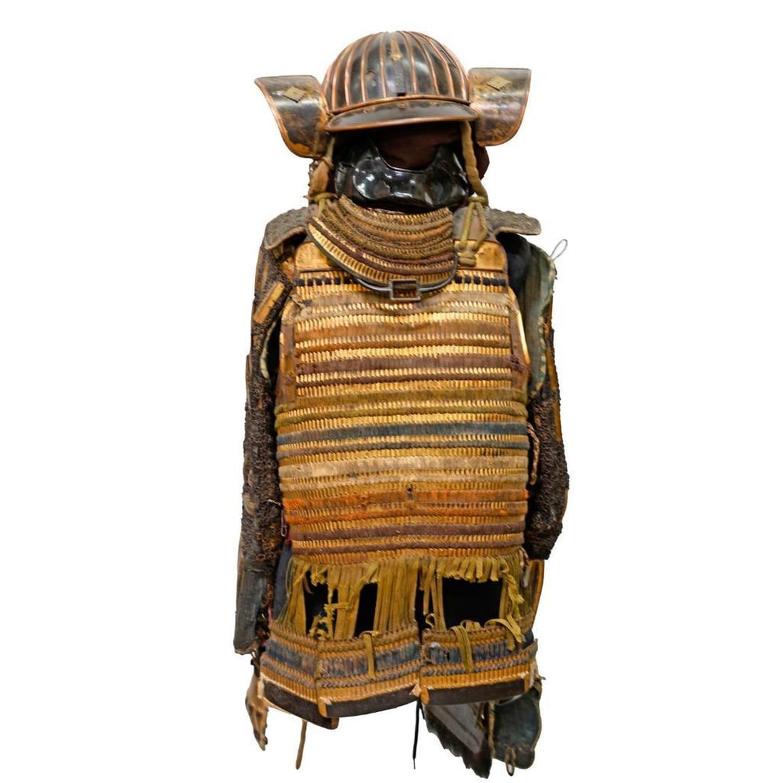 Japanese Tosei Gusoku Suite of Armor: Late Edo/Tokugawa Period, comprising a helmet (Kabuto); a lacquered chest armor with silk lacing (Do); a pair shoulder guards (O-Sode); a pair of sleeves (Kote); a pair thigh guards (Haidate); and a p
