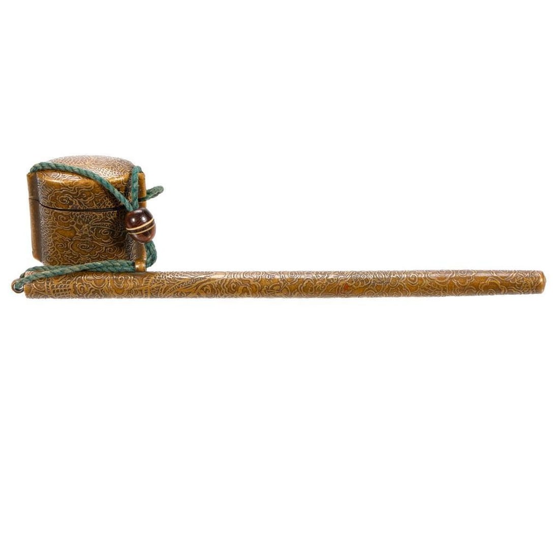 Japanese Meiji Brass Yatate: Comprising a 8"l pen shaped fudezutsu (brush holder) and an inro form single case sumitsubo or inkwell 1.75"h, both cast with repeating cloud motif, joined by a green string or rope knotted with a bis