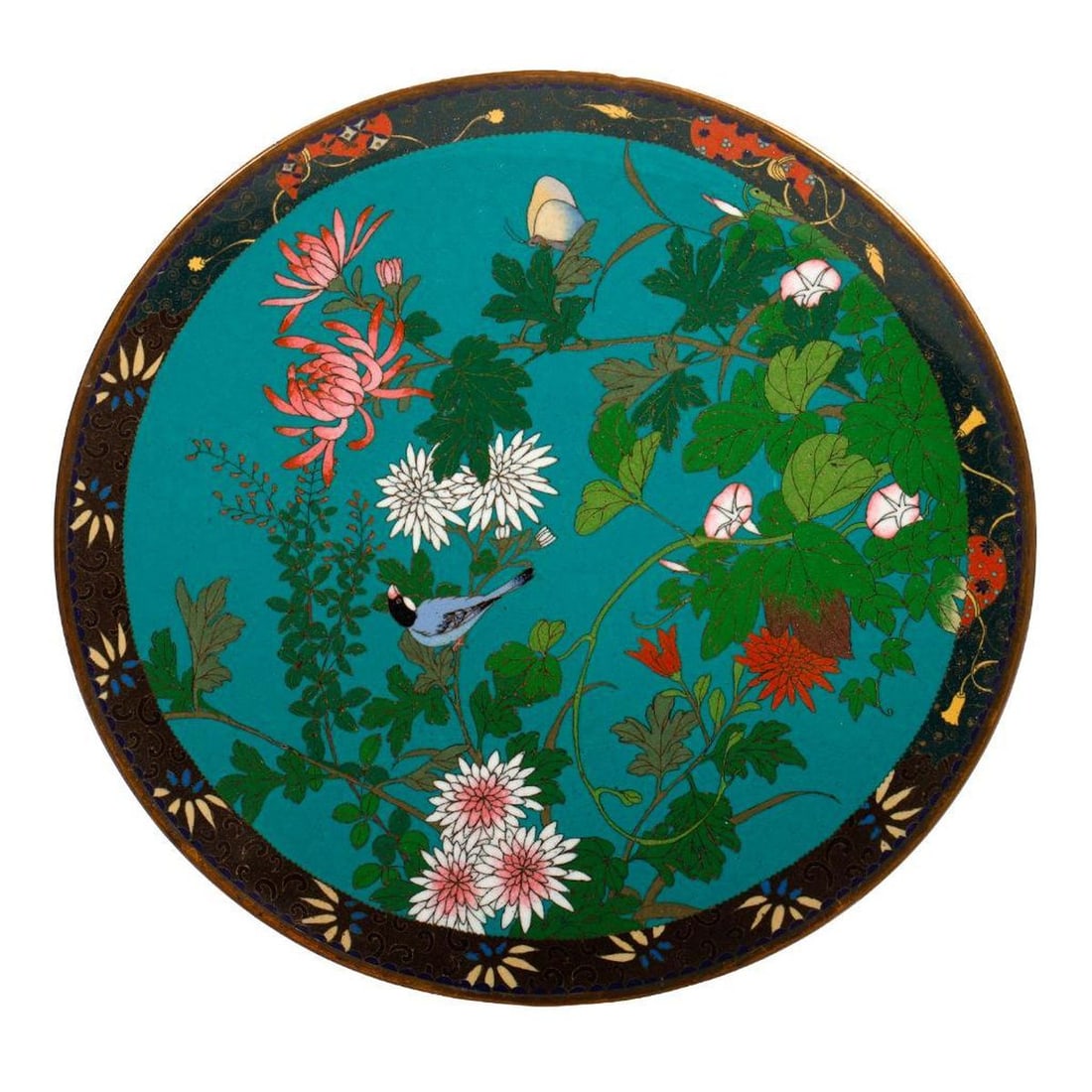 Japanese Cloisonne Enamel Charger: The green ground footed plate with chrysanthemums, trumpet flowers, a bird and butterfly, 1"h x 12"d [Overall good condition}