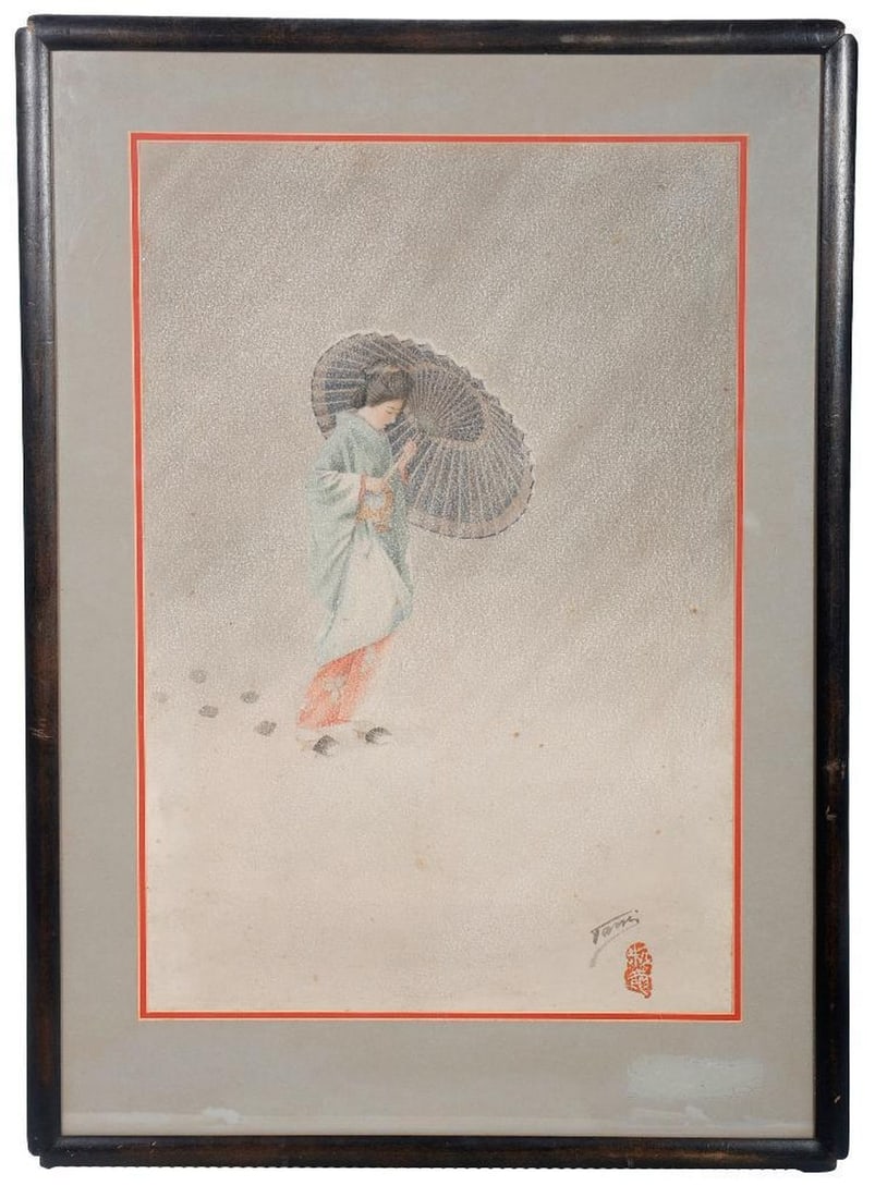 Japanese Watercolor of Woman with Parasol: A Japanese watercolor of a woman with parasol. Signed and stamped lower right. 19" x 13" (sight); 25 1/4" x 18 1/4" (frame). Condition: scattered spots/toning.