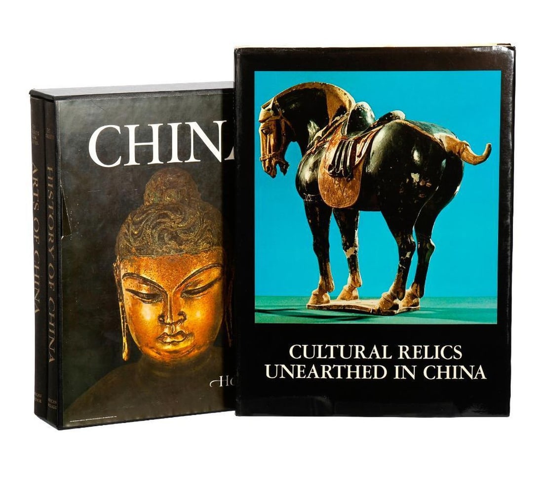 Three Hardcover Volumes on Chinese History and Art: 1.) CULTURAL RELICS UNEARTHED IN CHINA. Peking: Wenwu Press, 1972. Folio, beige linen boards, d.j., in slipcase. 152 photo illustrations, 32 of which are tipped-in color plates. Text in Chinese, with 