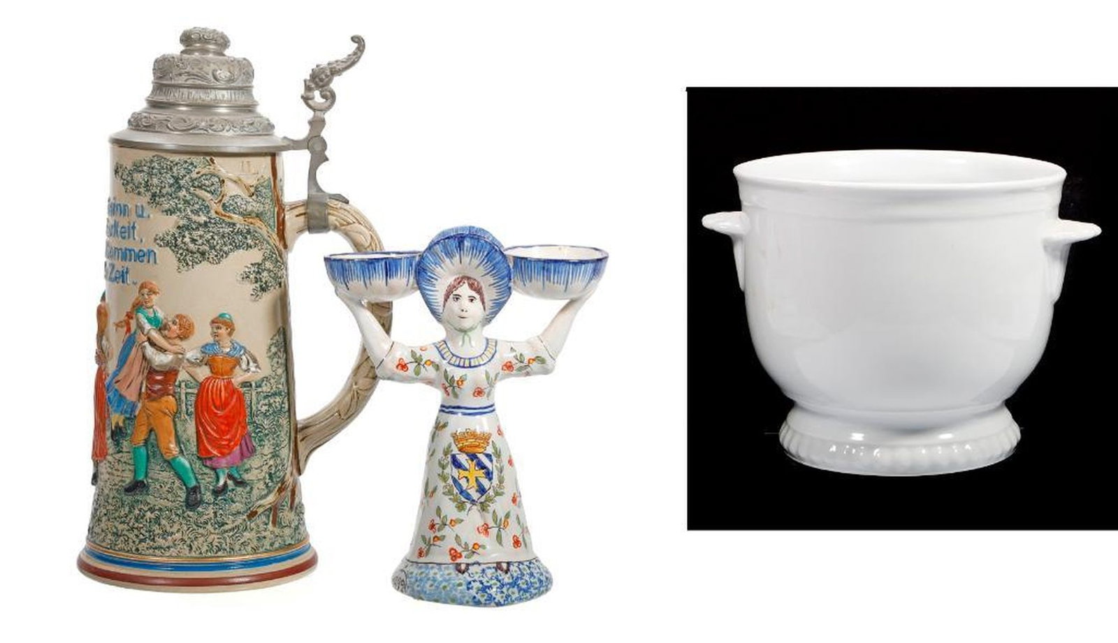 French Faience Double Salt, A German Cachepot and A Stein (1 of 4)
