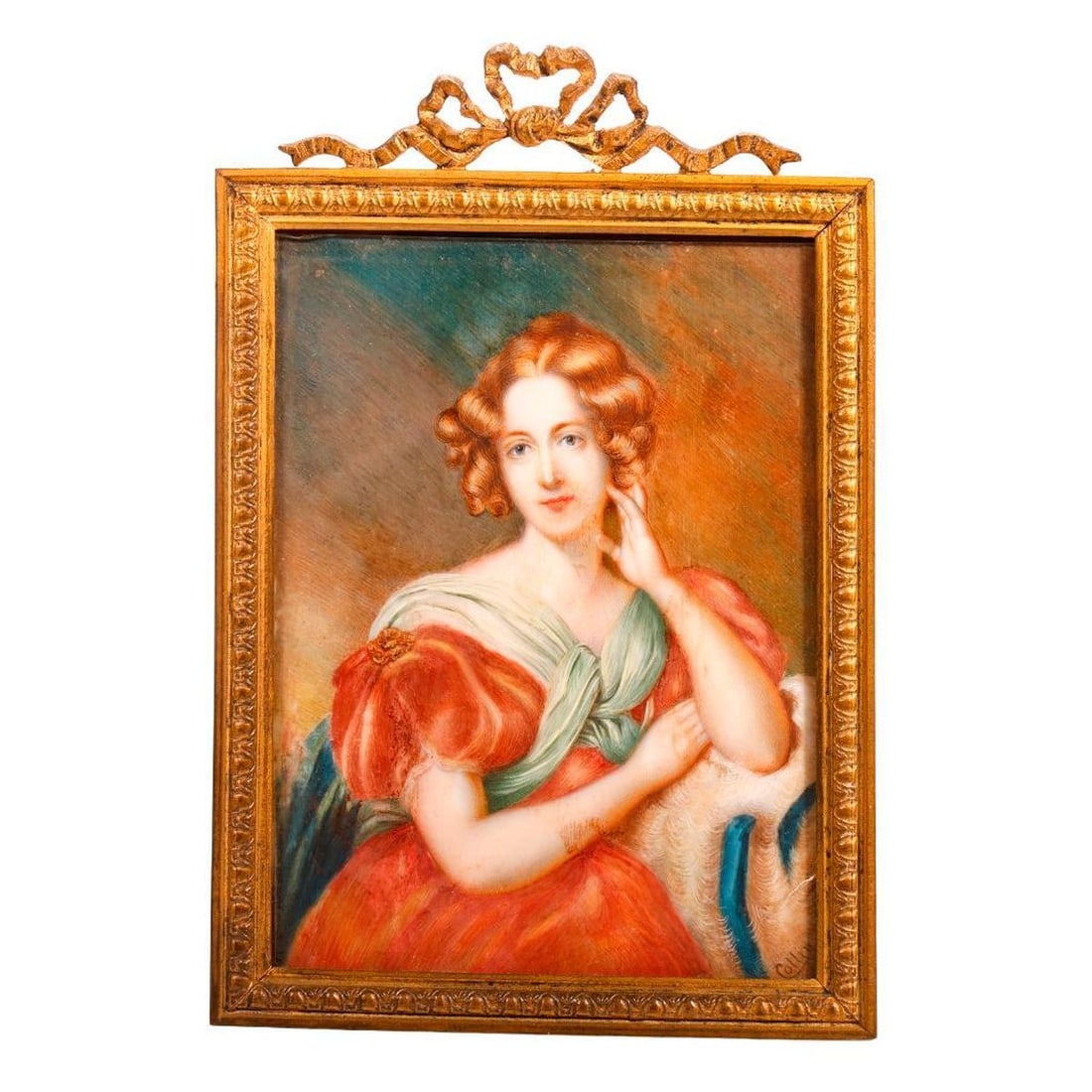 English Miniature Painting of Miss MacDonald: After Thomas Lawerence's Miss MacDonald, the half bust miniature of a young red haired lady wearing a red dress with an entwining green scarf, horizontally signed "Collin" on right margin, mounted in 