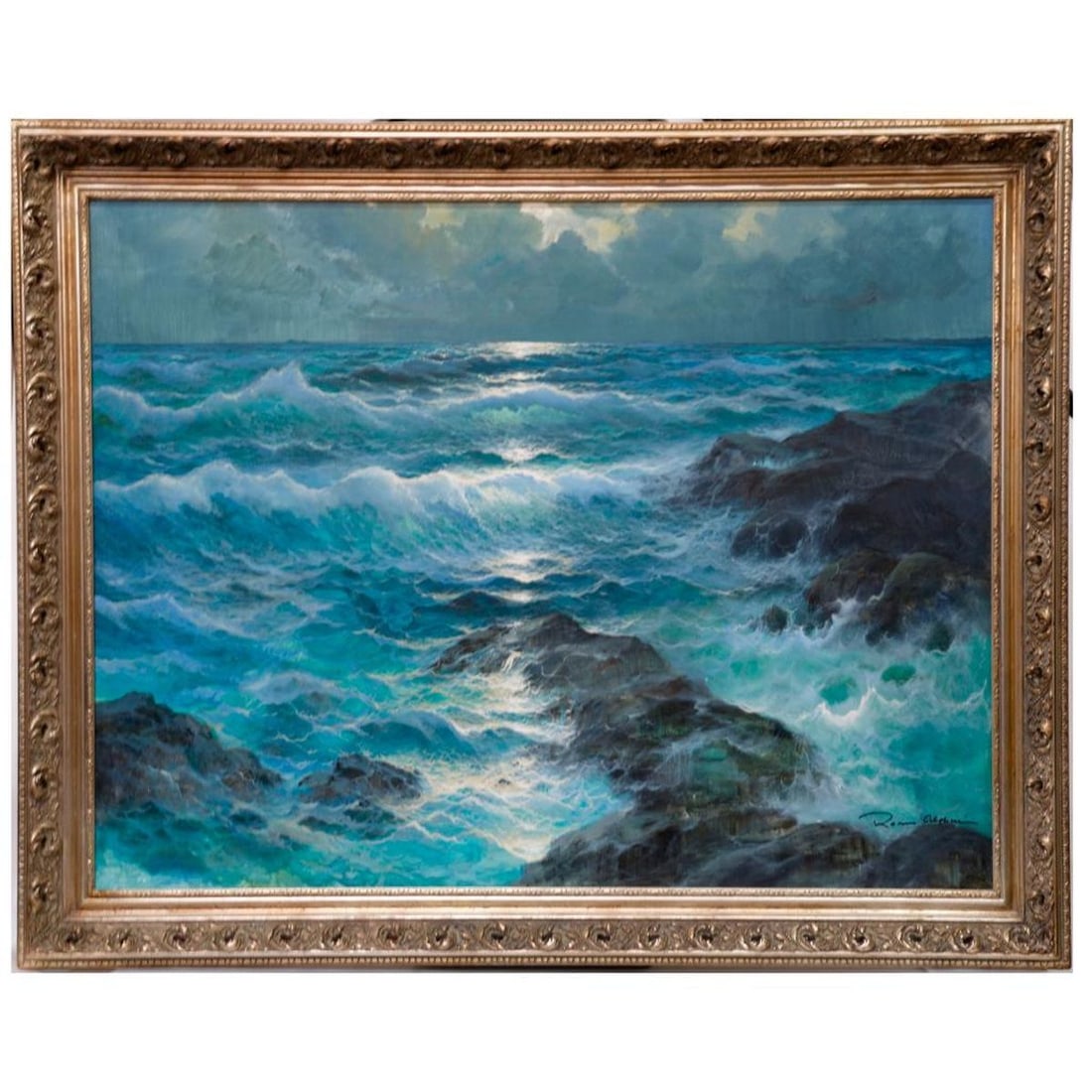 Remo Aldini (1943-?), Painting: Artist: Remo Aldini (1943-?). Title/Description: Seascape. Signature: Signed lower right. Medium: Oil on canvas. Size: 36 1/2" x 48" (frame 43 1/4" x 55 1/4"). Condition good.