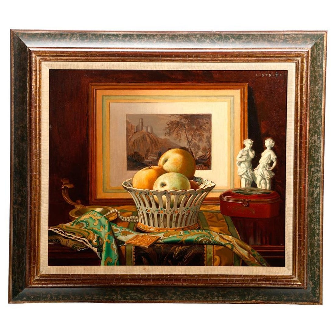 Louis Adolph Stritt (1886-1963), Painting: Artist: Louis Adolph Stritt (1886-1963). Title/Description: Still life with apples and porcelain figures. Signature: Upper left. Medium: Oil on canvas. Size: 15" x 18" (frame 20 1/2" x 23 1/2"). Condi
