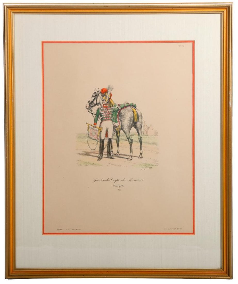 Eugene Titeux (1838-1904), Six Military Uniform Prints: Eugene Titeux (1838-1904). A set of six vintage colored litho print multiples, signed in plates, published by Baudry et Cie, Imp. Lemercier et Cie. Depicting early 19th century French military officer