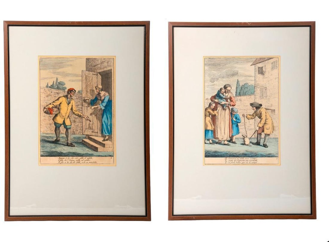 Gaetano Zompini (1700-1778), Pair of Colored Etchings: Gaetano Zompini (1700-1778). A pair of hand-colored etched plates depicting Venetian traders/hawkers, from Le Arti Che Vanno per Via Nella Citta di Venezia (1753). 10 3/8" x 7 3/8" (sight), 19" x 14" 