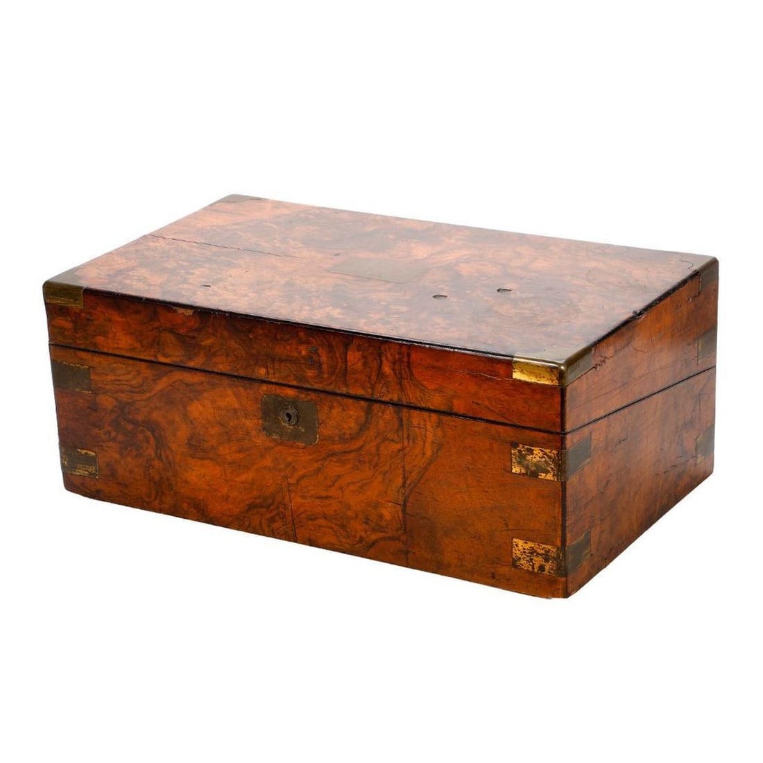 Victorian Burl Walnut Campaign Writing Desk: The hinged box inset with banded edges and corners, opening to reveal a gilt tooled burgundy leather writing surface with Greek key border, the estucheon/lock plate stamped "Bramah/Patent/London", 6.5