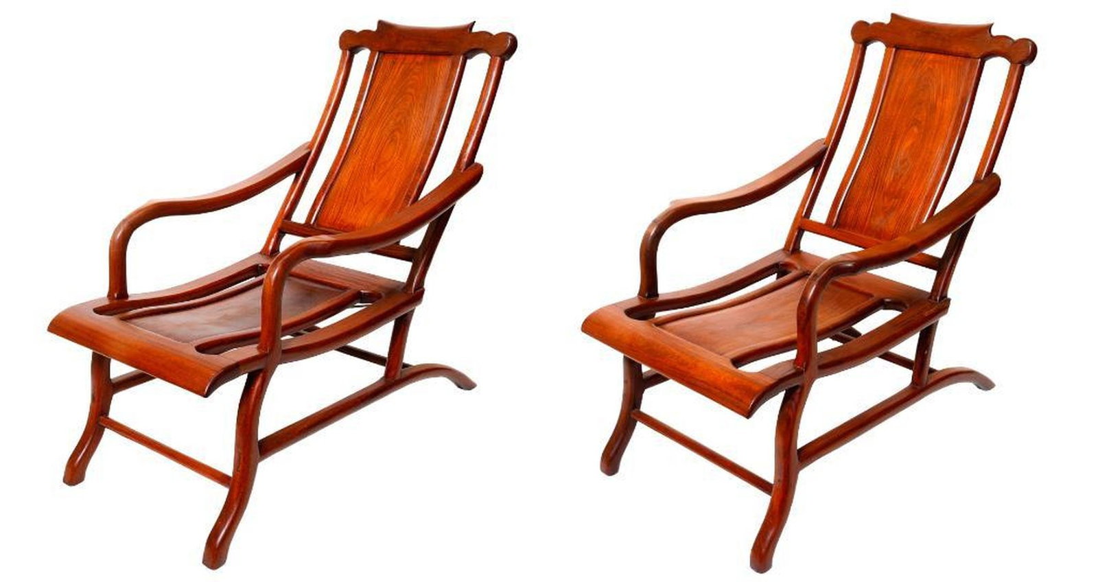Pair Chinese Rosewood Reclining Chairs: Also known as Moon Gazing chairs. each shaped top rail above a back rectangular splat and long arm rest, attached to a rectangular seat, on u shape supports, joined by horizontal bars, 34"h x 22"w x 3