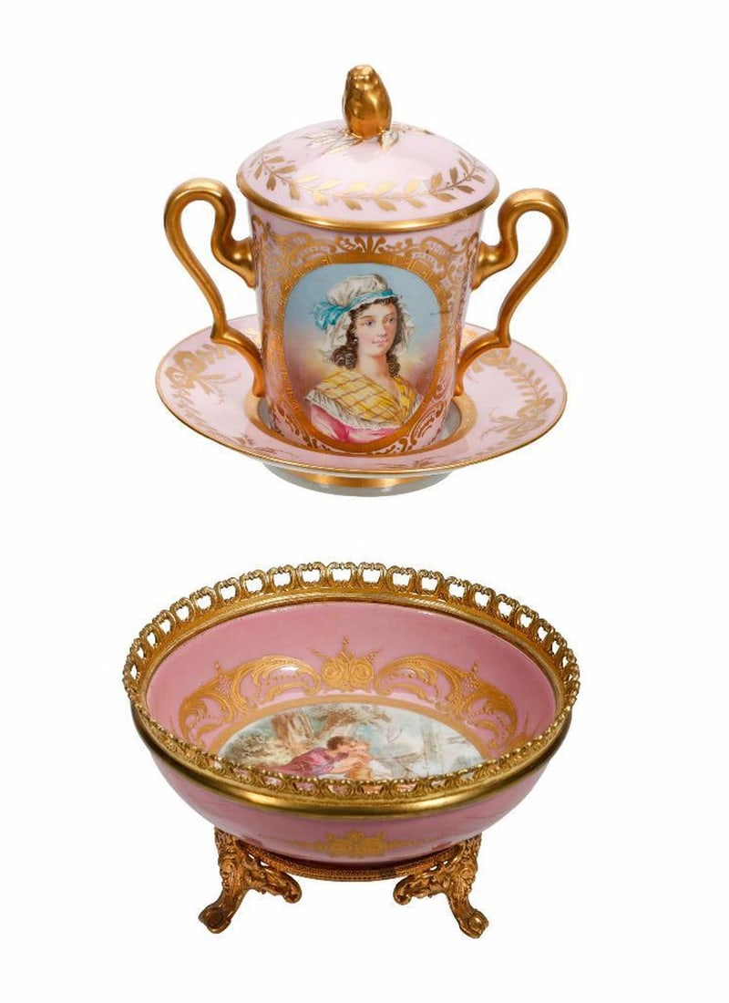 Two Sevres Style Gilt Hand Painted Porcelains: Consisting of the pink ground bowl centering an interior hand painted reserve with a bucolic couple with a sheep in a farm setting, signed "A. Max", mounted with a gilt metal scroll rim mount and risi