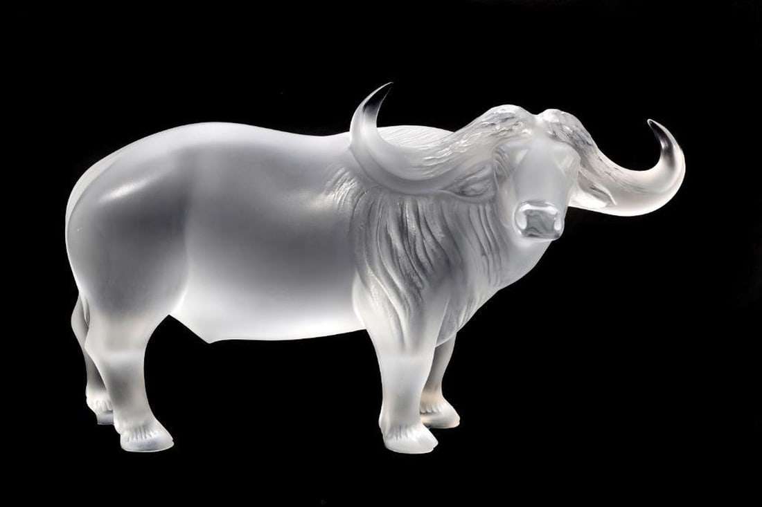 Large Lalique Frosted Glass Nam Water Buffalo Figure: partial paper label "Made in France", 8.5"h x 15.5"w {Good condition}. [Provenance: Estate of Joan A. Nitis, San Francisco.]