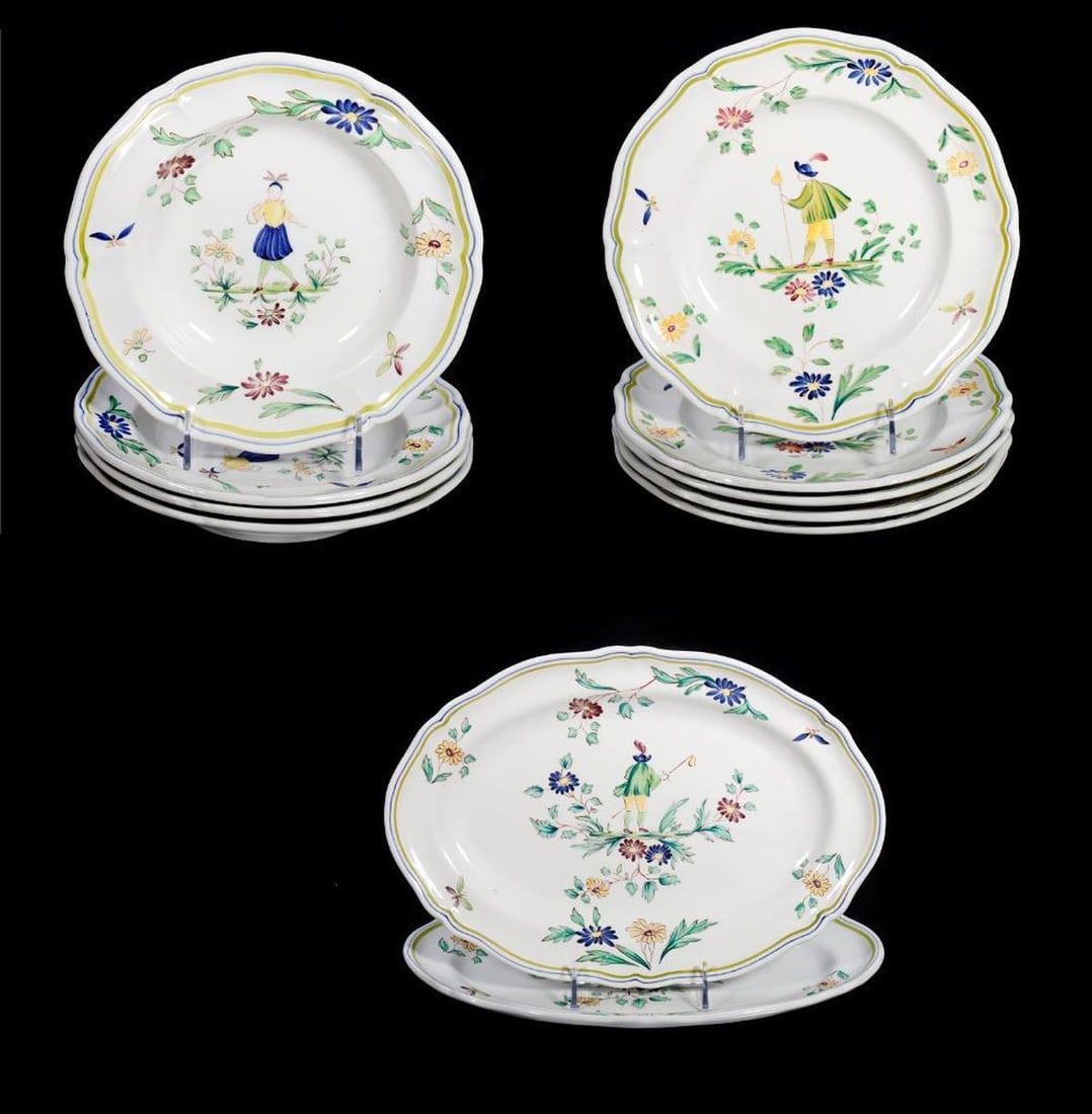 Lot of French Mid Century Longchamp Moustiers Facon Main China: Comprising (5) dinner plates, each with a male shepherd with staff 9.25"d {two with heavy crazing, the other three with light crazing}; (4) bowls with a female figure 9"d {One with crazing and one wit