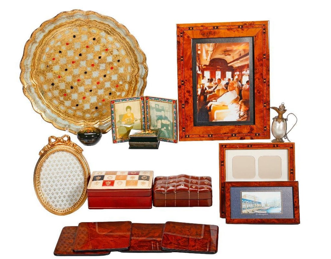 Lot of European Picture Frames and Leather Boxes: Including (2) Addison Ross marquetry inlaid burl wood picture, the larger 9.25" x 7; an Italian burl wood frame from La Bersagliera; a Italian micro-mosaic folding diptych frame; (2) Italian embossed 