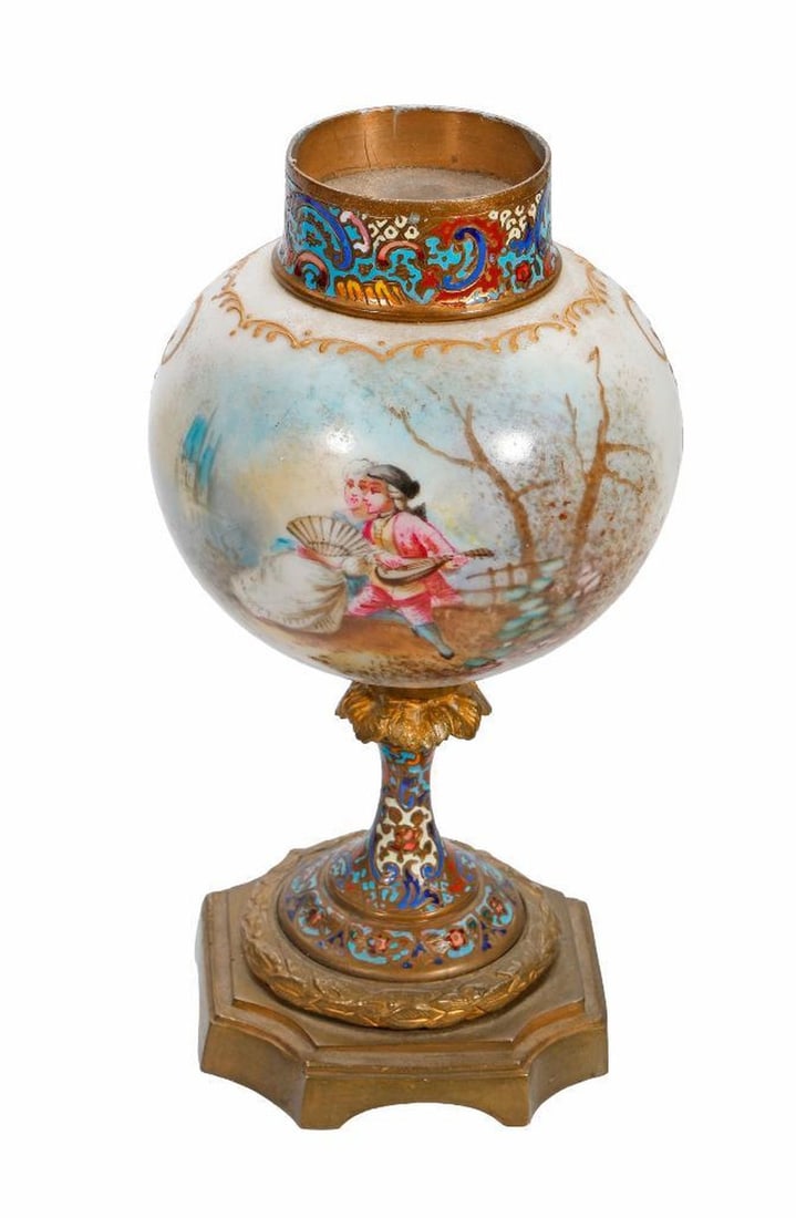 French Champleve Enamel and Porcelain Oil Lamp Base: Early 20th century, the porcelain ovoid body painted with courting scene in a parkland setting, rising on leafy inlaid plinth base, 7.25"h {Missing insert}