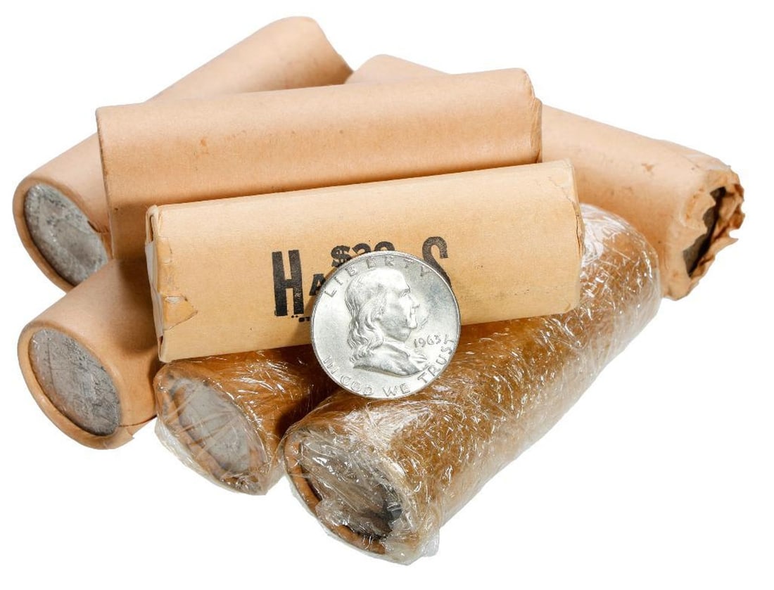 Seven $20 Rolls Franklin Silver Half Dollars: Each roll approximately $20 worth of Franklin half dollars, approximately 280 coins. [Provenance: Estate of Joan A. Nitis, San Francisco.]