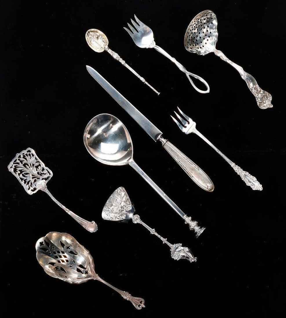 Lot of Mostly Sterling Salt Spoons, Teaspoons, Serving Pieces: Including a set of (6) English five o'clock spoons in a fitted case; a vintage English anointing spoon by John & William Deakin, Sheffield, circa 1901; (14) Wallace El Grandee or Grande Baroque salt s